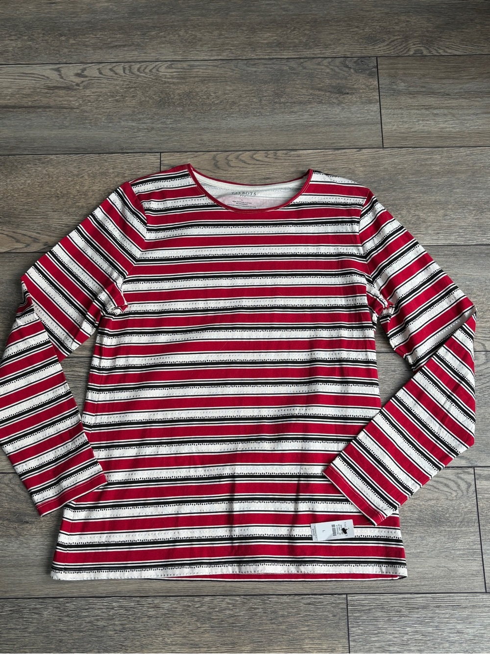 NWT Talbots Red Black Ivory Striped Cotton Knit Long Sleeve Shirt Top Sz L